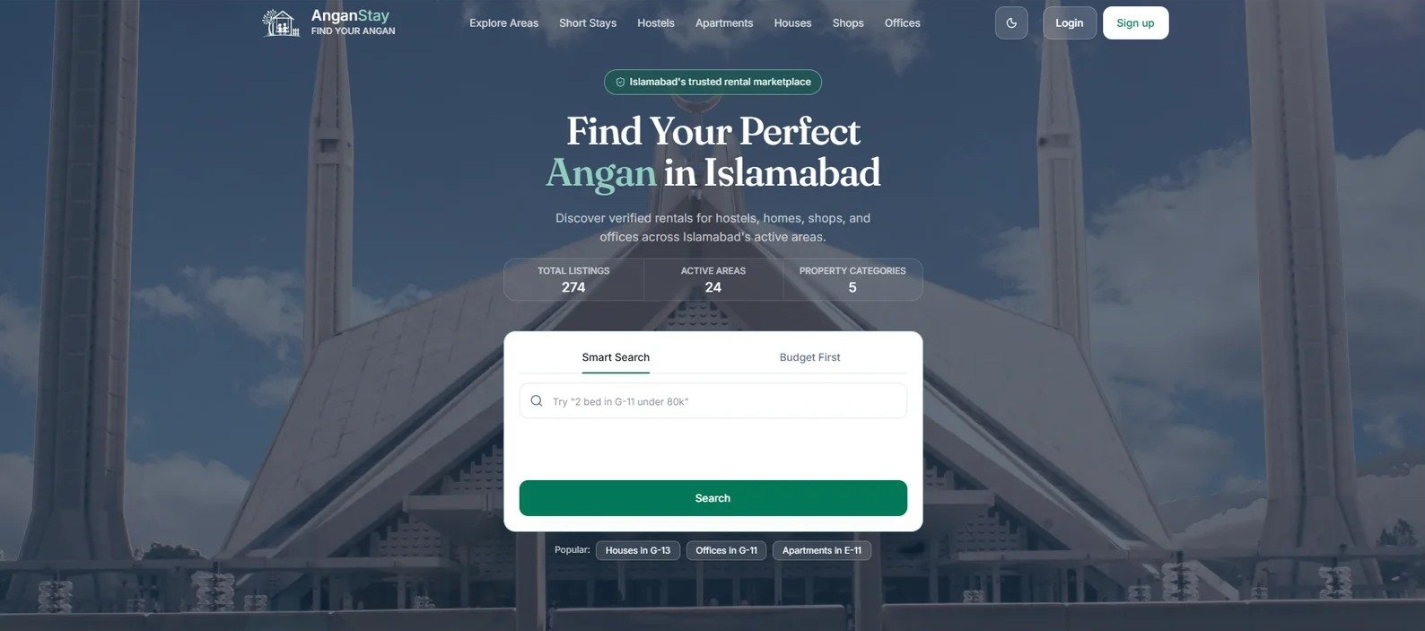 AnganStay rental marketplace homepage